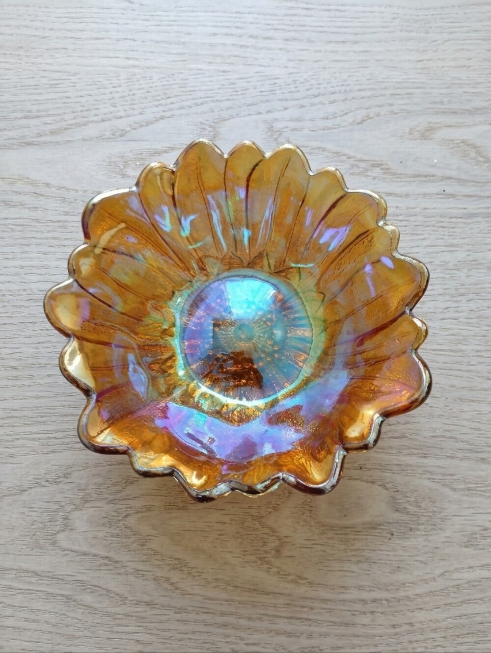 Iridescent Amber Carnival Glass Sunflower Bowl - Indiana Glass
